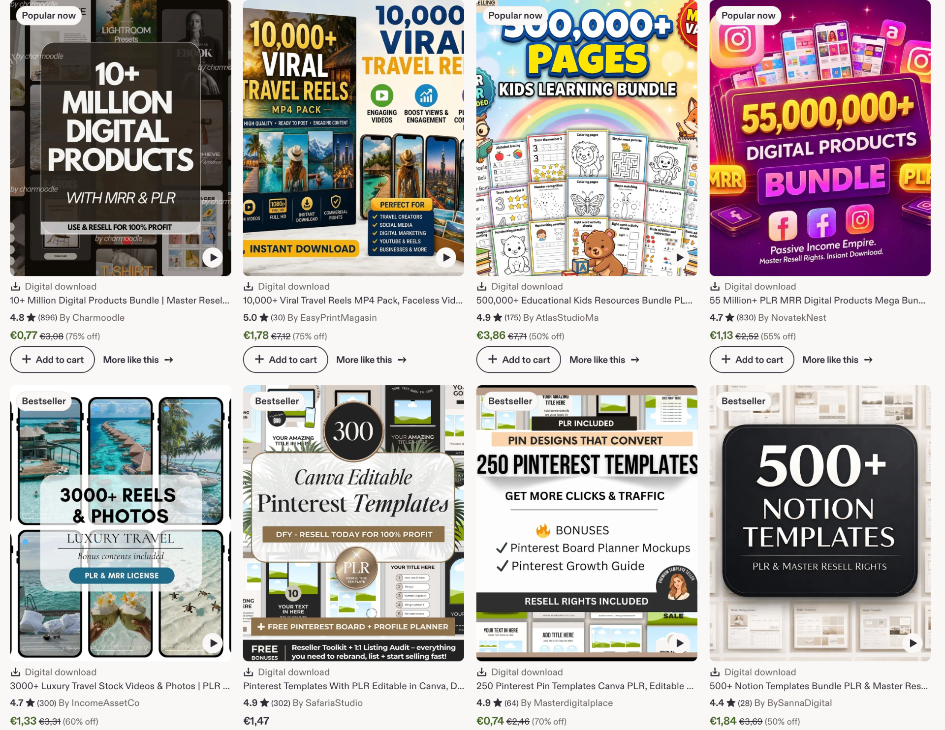 Ukážka PLR marketplace s hotovými digitálnymi produktami